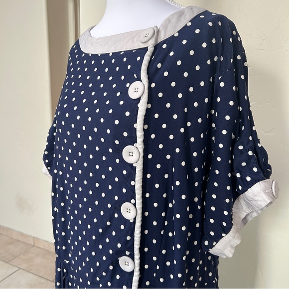 Unique Vintage 1950s Retro Plus Size Polkadot Button Blue Swing Dress, 3X / 20 - Picture 6 of 11